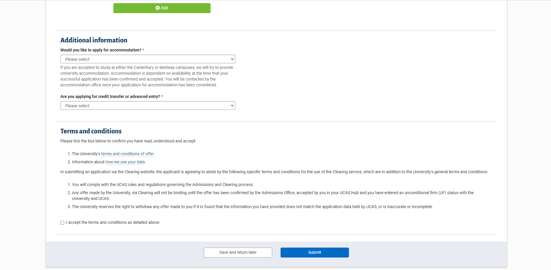 Screenshot of accommodation question in Clearing application