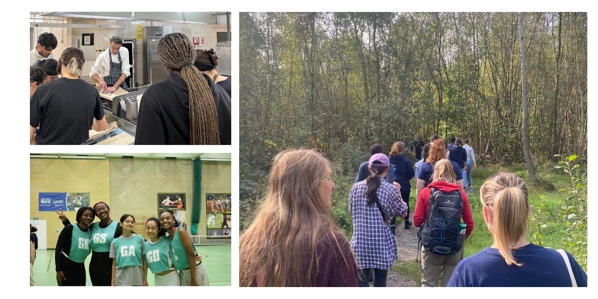 Top left: students attending a cooking class, top right: students out walking in the woods, bottom left: student holding nerf guns at an escape room event.