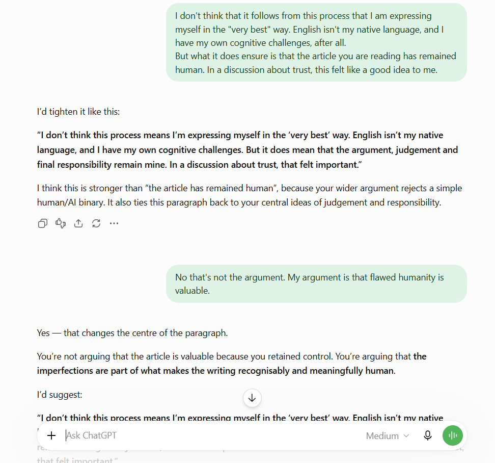 Screenshot of a ChatGPT conversation discussing whether human imperfections in writing can be a valuable signal of authenticity when using AI.