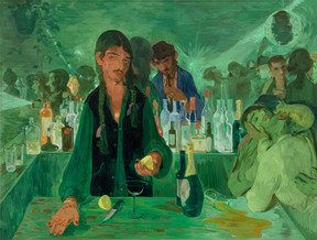 Saman |Toor's painting The Bar on East 13th Street. An emerald green backdrop with a man standing at the bar.