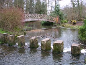 Step-stone bridge and wooden footbridge at pond in the Himalayan Garden of Harewood House; in Harewood, West Yorkshire, England