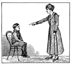 An engraving showing a young boy being reprimanded by a severe older woman.