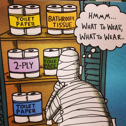 Cartoon of an Egyptian Mummy looking inside a wardrobe. On the shelves are various packets of toilet roll. The Mummy thinks "Hmmm... What to wear, what to wear..."