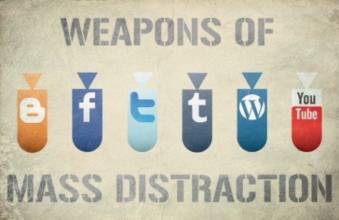 An image entitled Weapons of Mass Distraction. Drawings of six bombs stretch across the image, each contains the logos from one of six social media platforms (Blogspot, Facebook, tumblr, twitter, WordPress and YouTube).