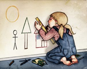 Drawing of a young girl making a simplistic child's drawing of a house, tree, and stick figure on a wall. She kneels next to various crayons and pencils. She is using a ruler to draw the line of the roof, and despite being crude representations, the elements of the drawing (triangles, squares etc) are all measured to perfection.