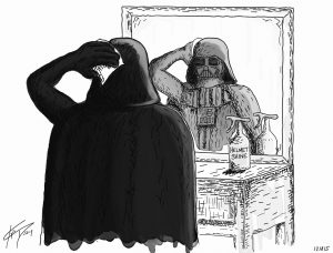 A cartoon of Darth Vader sitting at a dresser looking into the mirror. He is polishing his helmet. A bottle on the dresser is labelled Helmet Shine. 