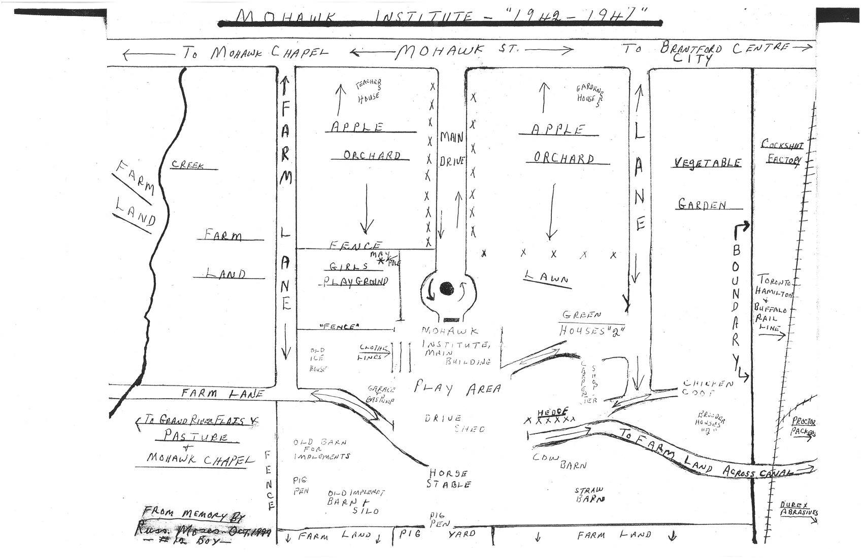 Hand-drawn map of Mohawk Institute by Russ Moses, 1999.You will notice that in the lower left corner that Russ signs his map with his residential school serial number, "# 12 Boy."