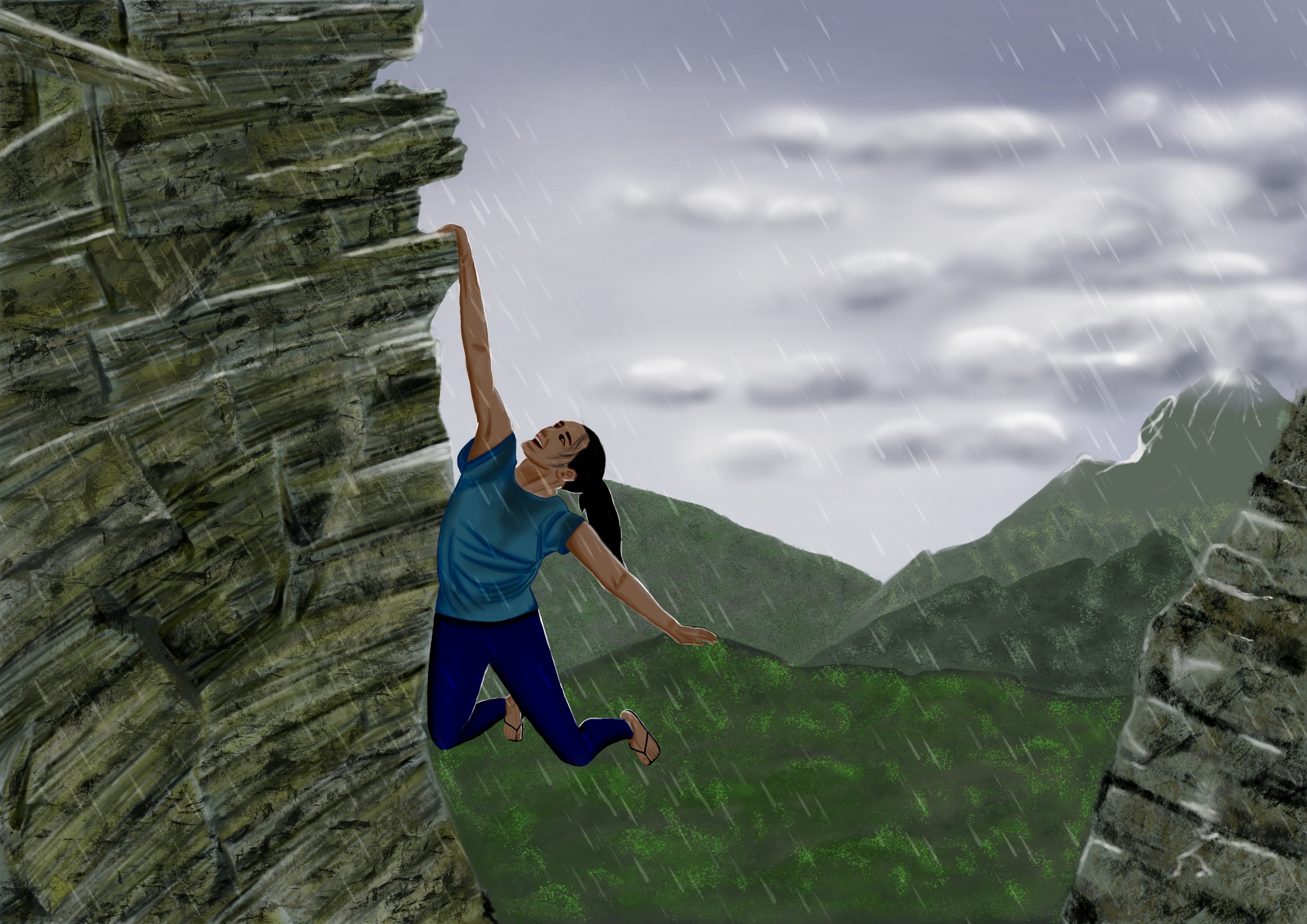 Girl hanging from cliff face with one hand