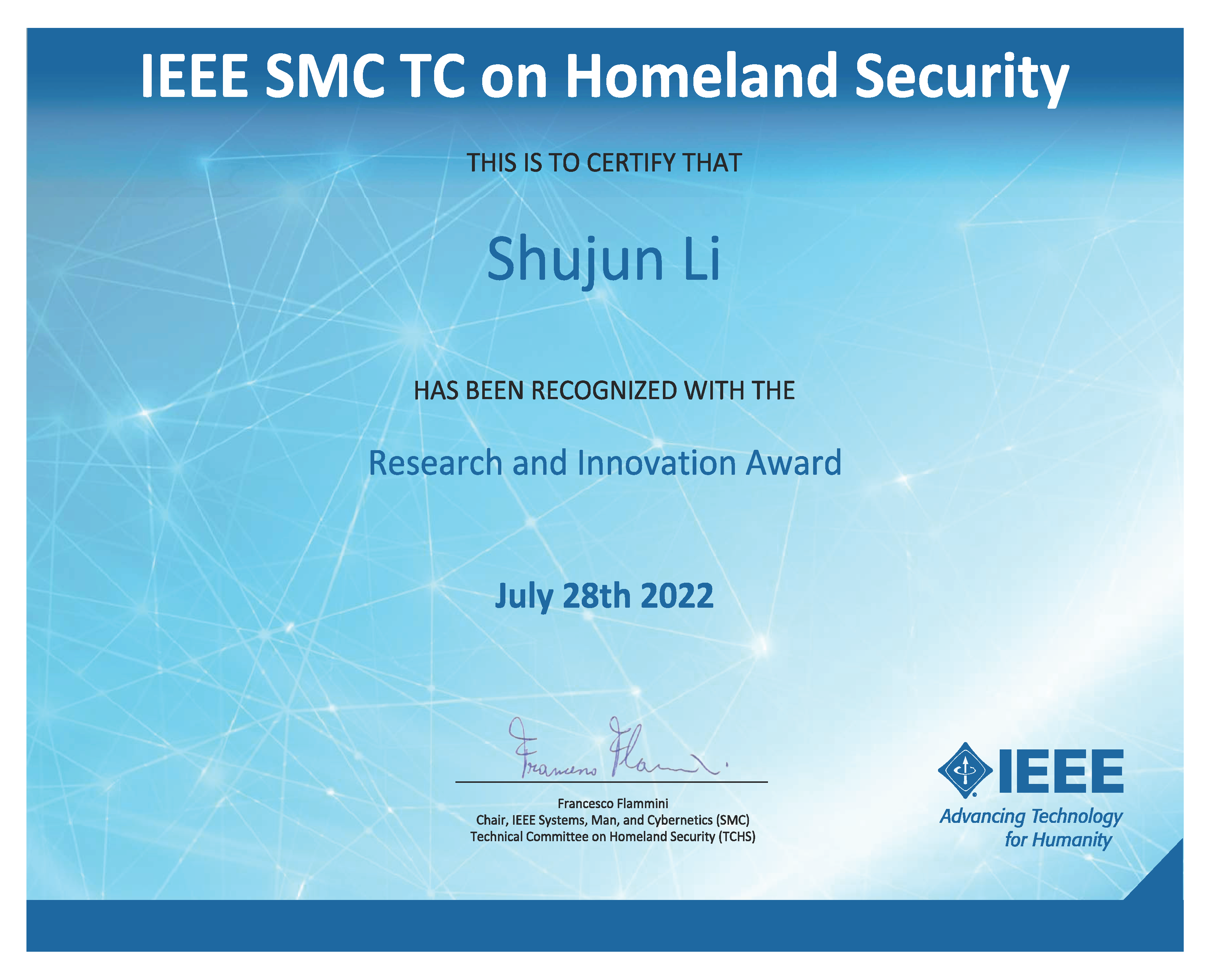 IEEE SMC TC on Homeland Security certificate