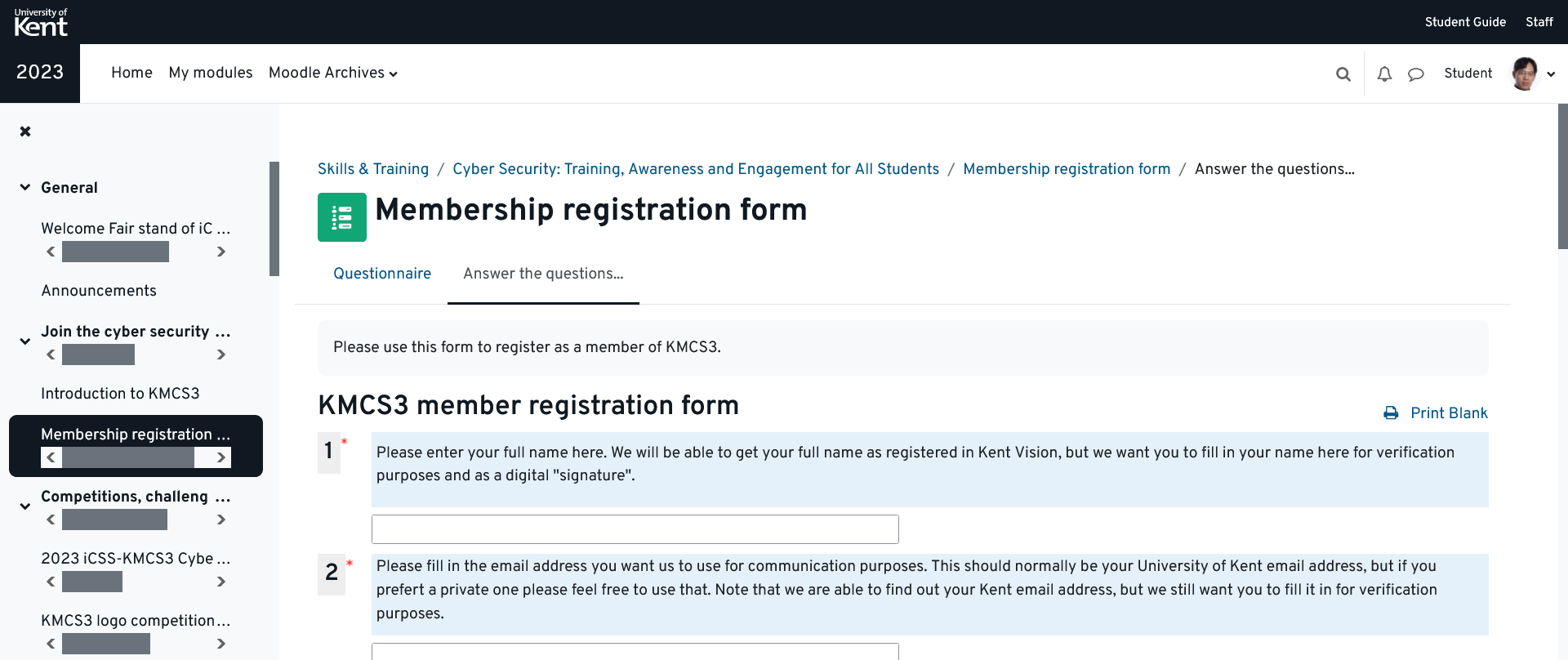 KMCS3 membership registration form in Moodle
