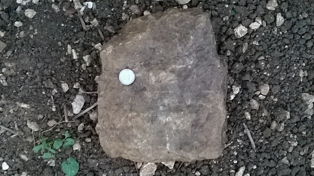 Example of shaped but undressed building stone from surface of field