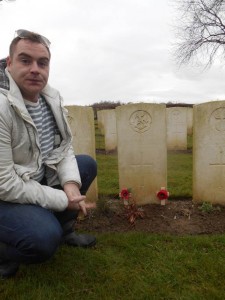 Nick Hudson at the graveside of his Great-Grandfather, Private Sidney James Best,20th Battalion London Regiment; died 1st October 1916, buried at Warlencourt British Cemetery, France.