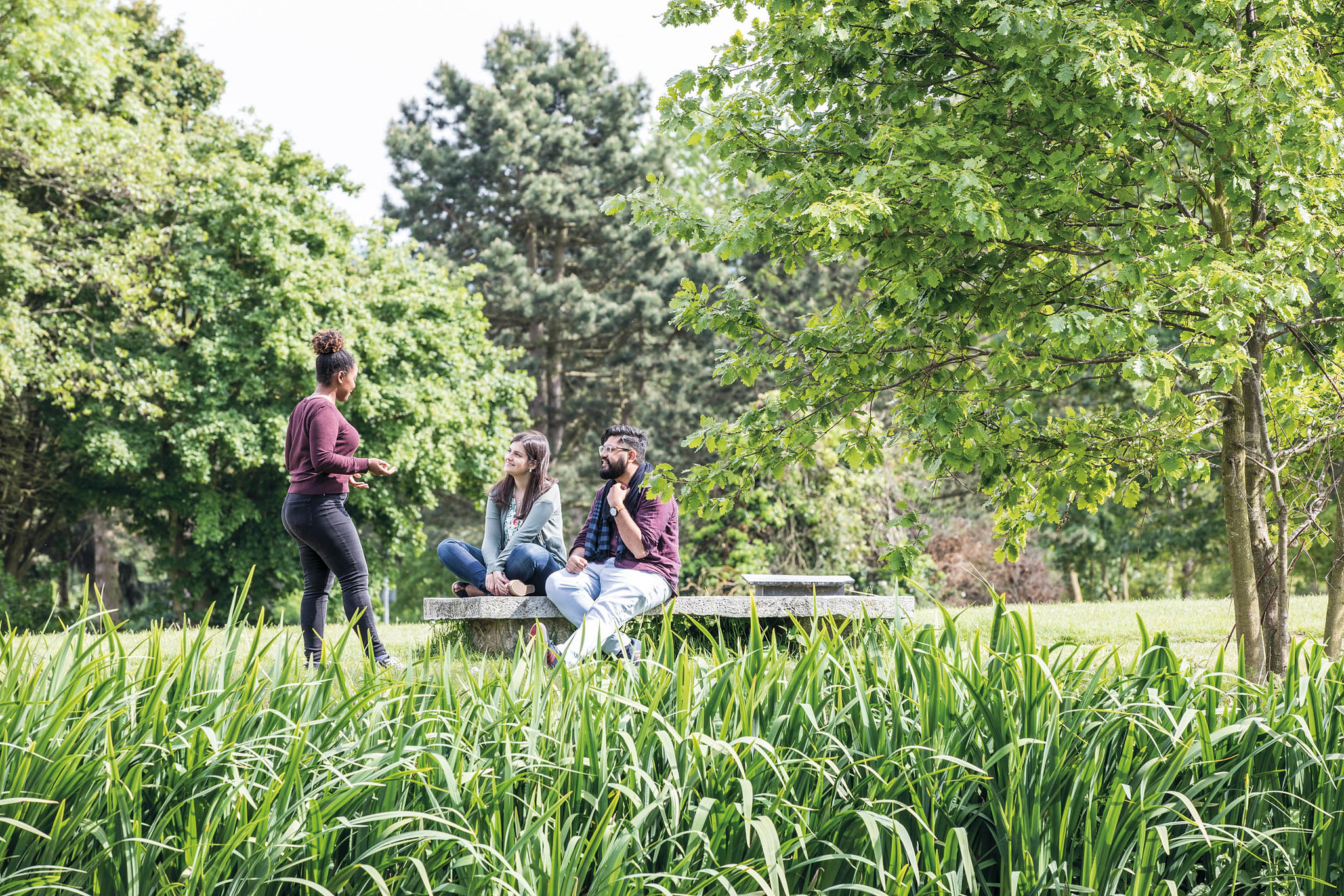 Students chat near the Keynes duck pond
