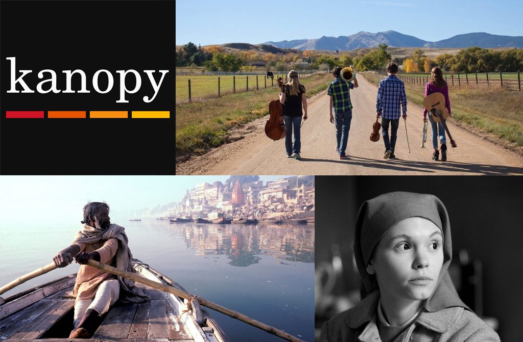 Kanopy logo and stills from Carry the Tune, Forest of Bliss, Ida