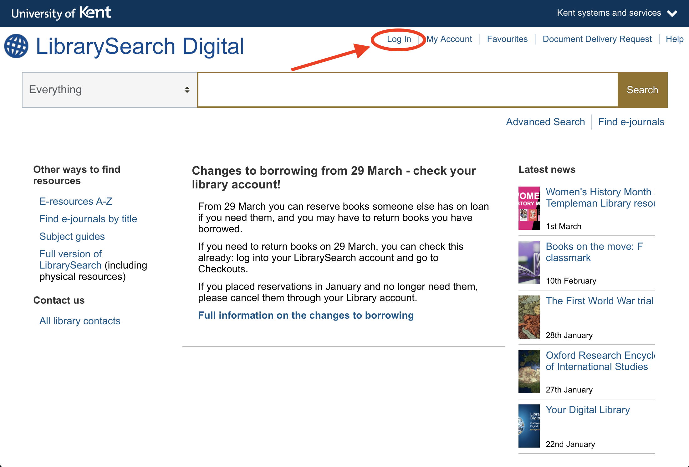 Screenshot of Library Search Digital indicating where to log in