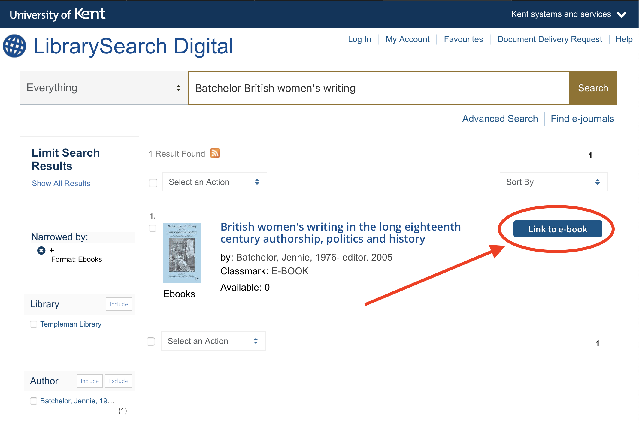 Screenshot of Library Search Digital results page indicating where to find link to e-book