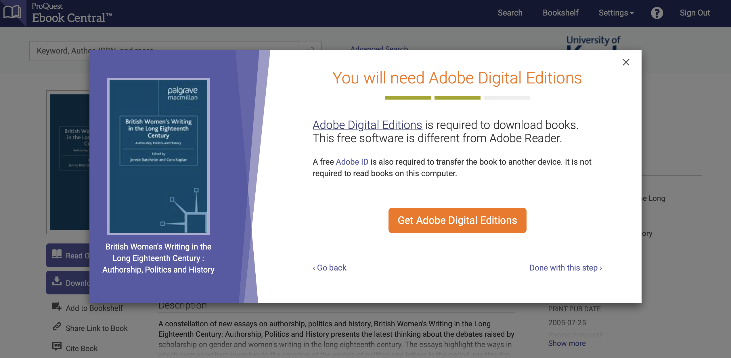 Screenshot of popup screen prompt for Adobe Digital Editions, the software needed to download some e-books in full