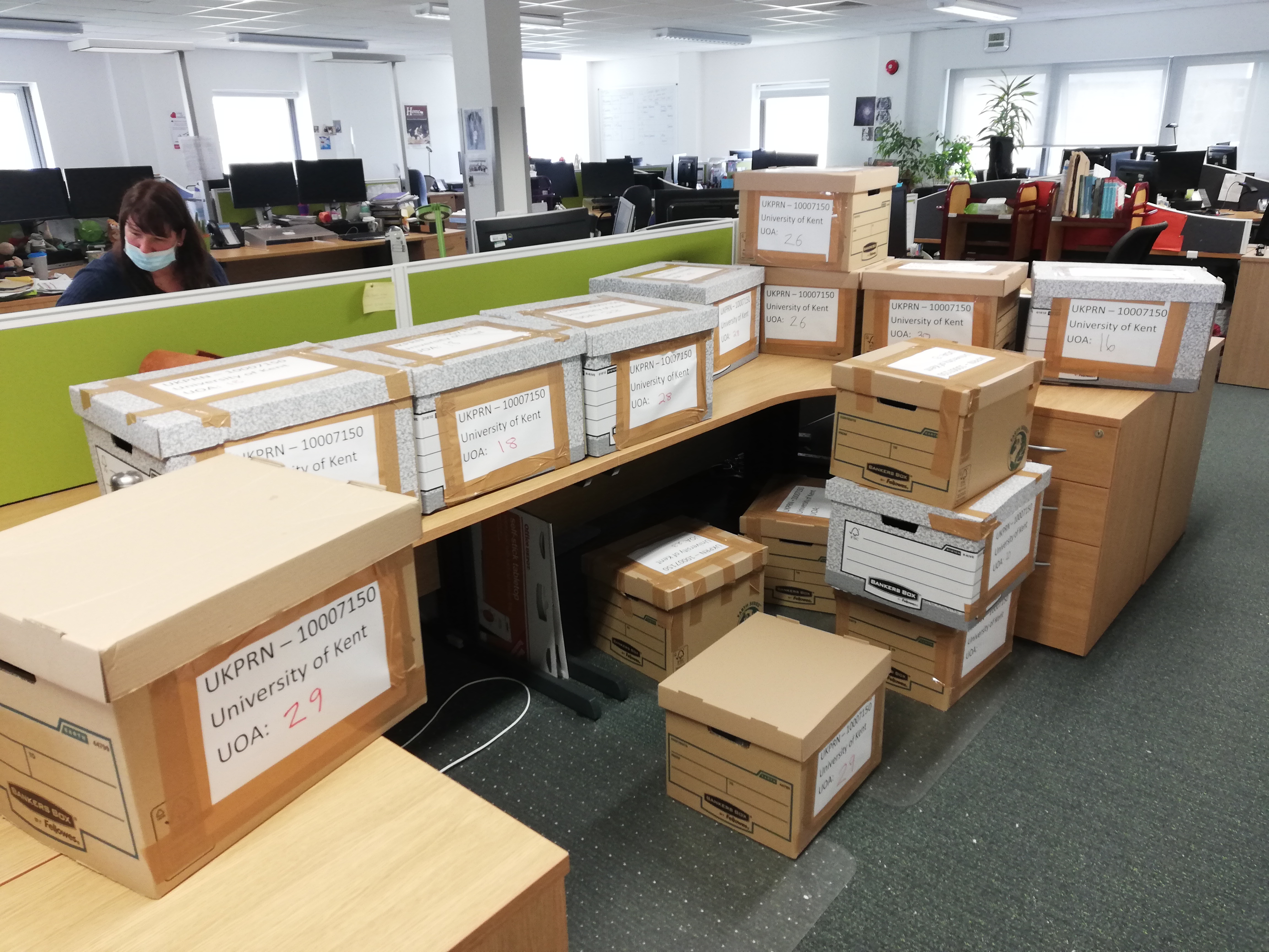 Photo of boxes of the books that are being sent for review as part of our REF submission