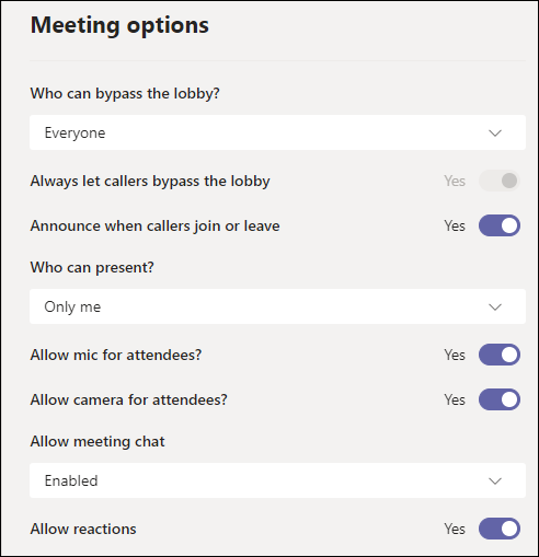 Lobby options: Who can bypass the lobby? Let callers bypass the lobby; Announce when callers join or leave; Who can present? and more