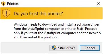 Screenshot of pop-up window saying "Do you trust this printer?" with two action buttons: "Install driver" and "Cancel"