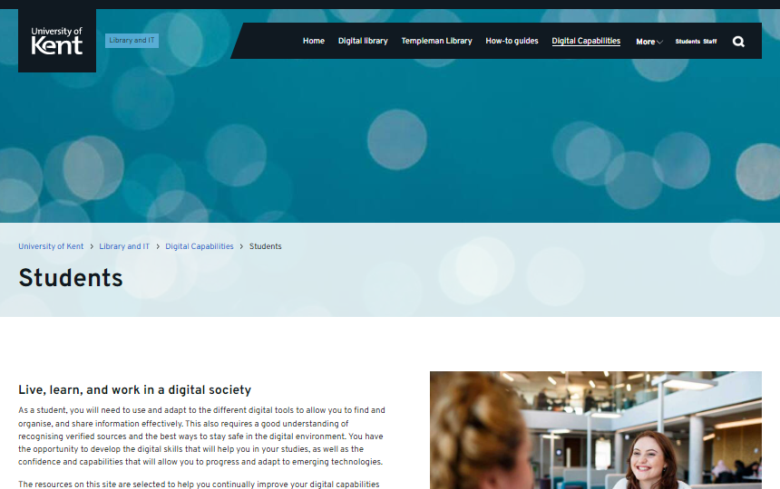 Screenshot of the student page on the Digital Capabilities website