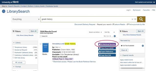 Screenshot showing LibrarySearch search results screen and location of D3 Retrieval Service button (located on the right of the main item details)