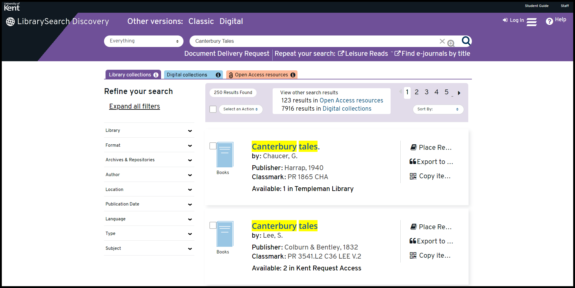 Screenshot showing LibrarySearch Discovery search results screen showing location of new tabbed search content: Library collections; Digital collections and Open Access resources.