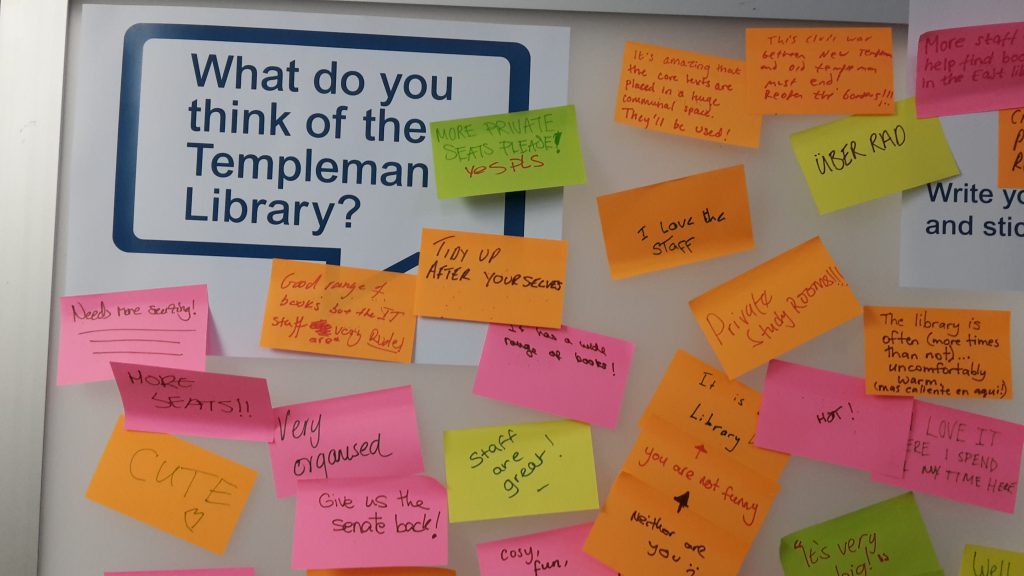 Post-it notes on the Welcome Wall, answering the question "What do you think of the Templeman Library?"