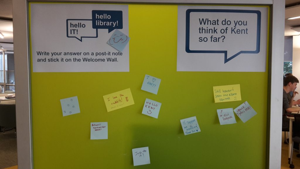 Post-it notes on the Welcome Wall, answering the question "What do you think of Kent so far?"