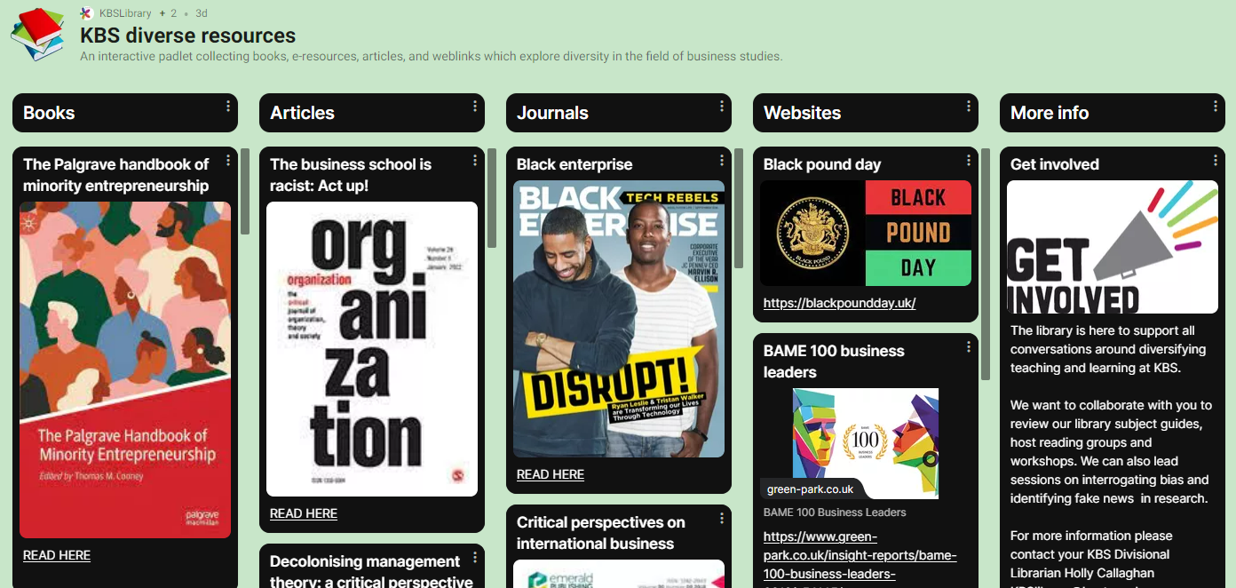 Screenshot of a padlet dedicated to sharing diverse resources for Kent Business School. The screenshot shows a coloumns for books, articles, journals, websites.