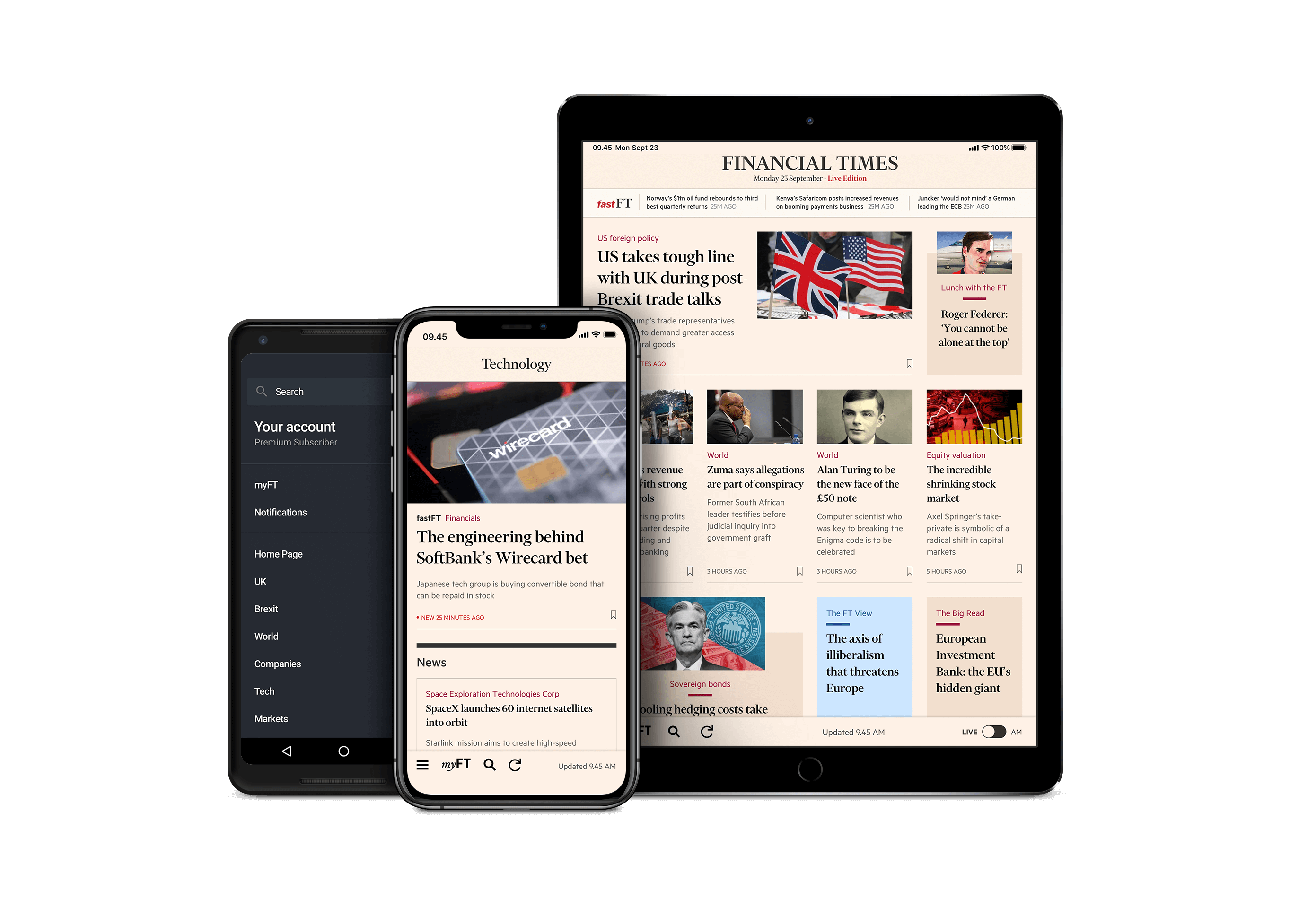 Photograph of a smart phone and an tablet displaying the FT.com front page