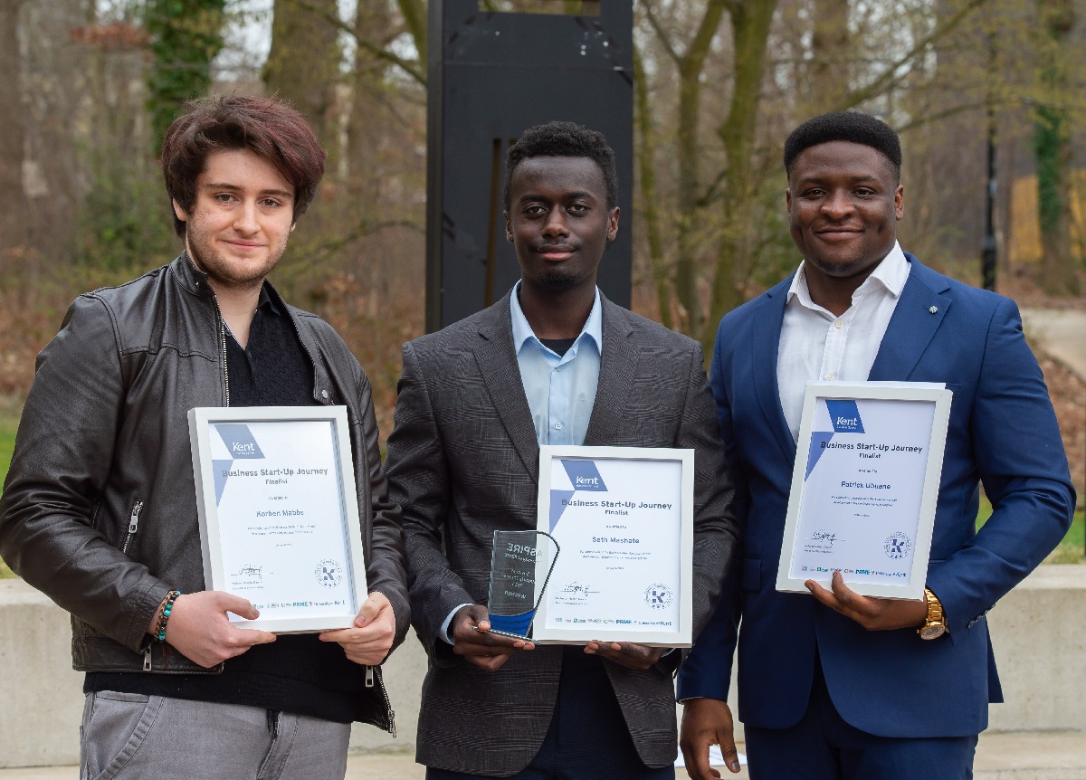 Business Start Up journey winners from left to right: Korben, Seth and Patrick holding their winning certificates 