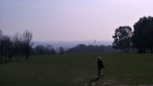 Distant view of Canterbury Cathedral on bright but misty day