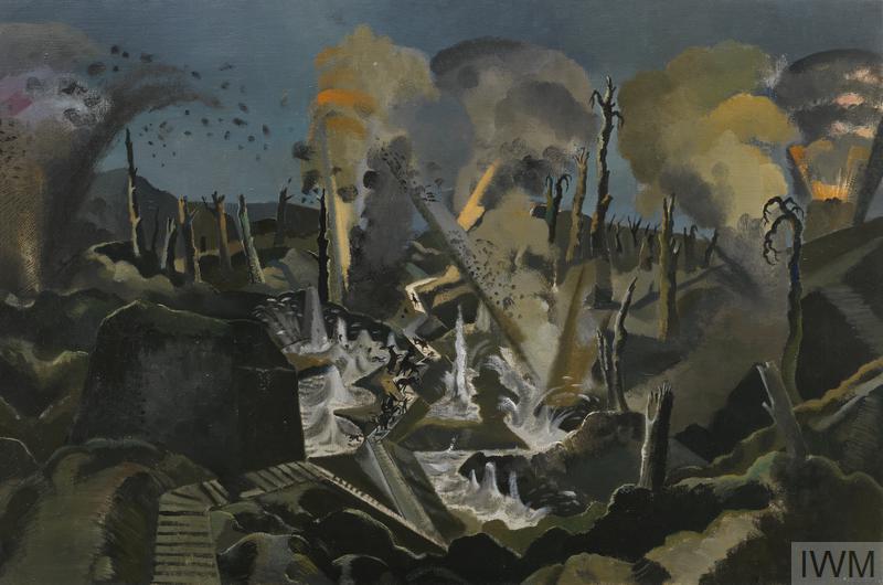 The Mule Track (Art.IWM ART 1153) image: The view across a battlefield undergoing heavy bombardment. The shattered landscape is disected by an angular duckboard path, along which a mule train is travelling, their small figues just visible in the distance. The animals rear and panic at a nearby explosion as the water from a flooded trench shoots up from the surface. In the sky there are large clouds of yellow and grey coloured smoke, with rubble flying high into the air in the foreground. Copyright: © IWM. Original Source: http://www.iwm.org.uk/collections/item/object/20078