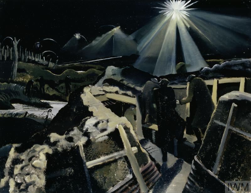 The Ypres Salient at Night (Art.IWM ART 1145) image: A night scene showing three soldiers on the fire step of a trench surprised by a brilliant star shell lighting up the view over the battlefield. On the left there is a flooded shell-hole, beyond which stand three other soldiers, overlooked by a woodland of tree stumps. Copyright: © IWM. Original Source: http://www.iwm.org.uk/collections/item/object/20069