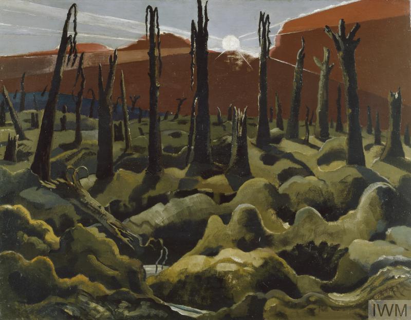 We are Making a New World (Art.IWM ART 1146) image: The view over a desolate landscape with shattered trees, the earth a mass of shell holes. The sun hangs high in the sky, beams of light shining down through heavy, earth-coloured clouds. Copyright: © IWM. Original Source: http://www.iwm.org.uk/collections/item/object/20070