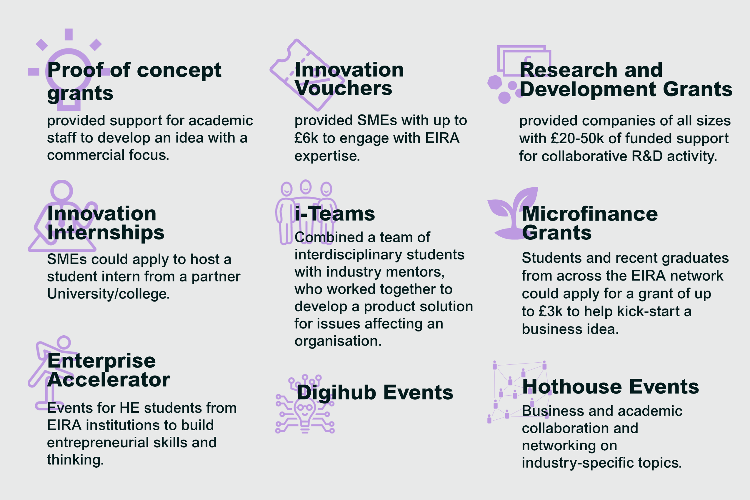 An inforgraphic listing the 9 EIRA interventions: proof of concept grants, innovation vouchers, research and development grants, innovation internships, i-Teams, microfinance grants, enterprise accelerator, digihub events and hothouse events.