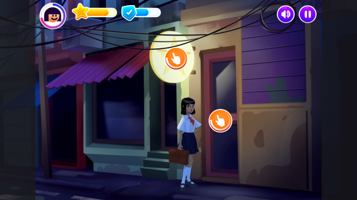 A cartoon of a girl standing outside a closed shop in the dark with game icons at the top of the image.