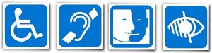 The four blue square symbols depicting accessibility requirements. Wheelchair assisted, hearing loop assisted, visual impairment