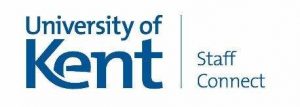 Blue on white corporate University of Kent written logo with Staff Connect written next to it