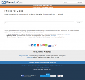 Homepage for the Photos for Class website that enables users to search for CC licensed images and add the licensing details to the images themselves