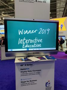 Shot of a large interactive touchscreen with winner 2019 - Interactive Education written on it