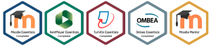 Collection of hexagonal electronic badges featuring the logos of the key learning technologies (Moodle, KentPlayer, Turnitin and Ombea)