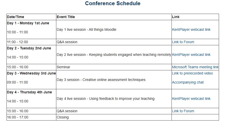 A screenshot of a conference schedule in moodle, highlighting the mix of synchronous and asynchronous activities