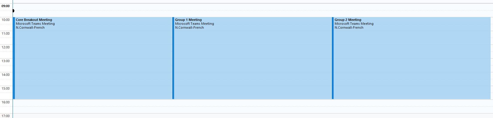 A screenshot of the outlook calendar, showing the seperate scheduled meetings per group
