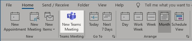A screenshot of the New Teams Meeting button in Outlook