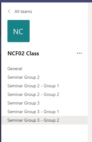 A screenshot of a Teams channel list, showing seminar groups and subgroups
