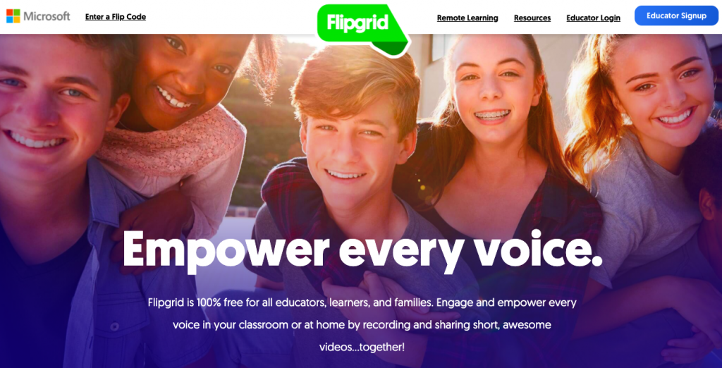 This is the Flipgrid homepage and it features a group photo of students