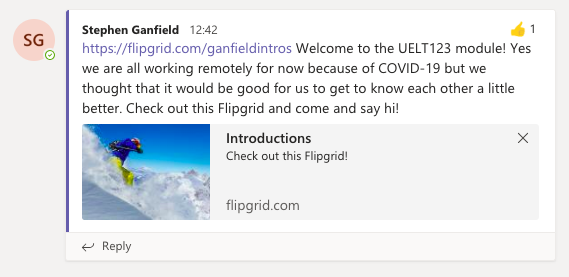Screenshot of the link to the Flipgrid in MS Teams including the link, accompanying image and message