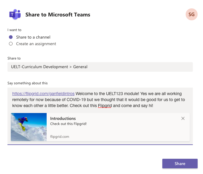 Screen enabling users to search for an MS Team to share the Flipgrid with the flip code access details and any accompanying message